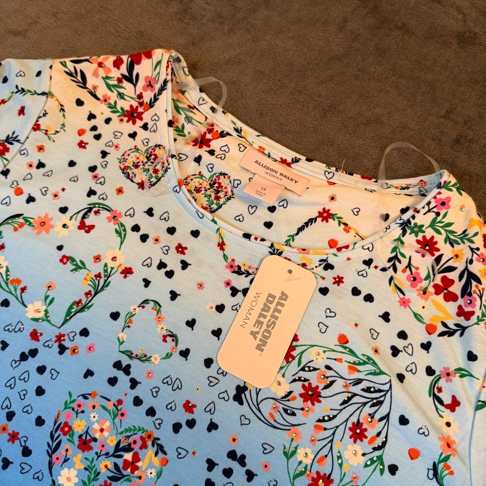 Allison Daley Woman T Shirt Womens 1X Blue‎ Floral Ombre Rhinestone 3/4 Sleeve